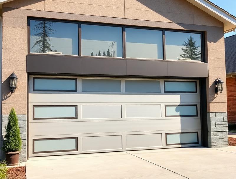 Contemporary residential garage door with glass windows