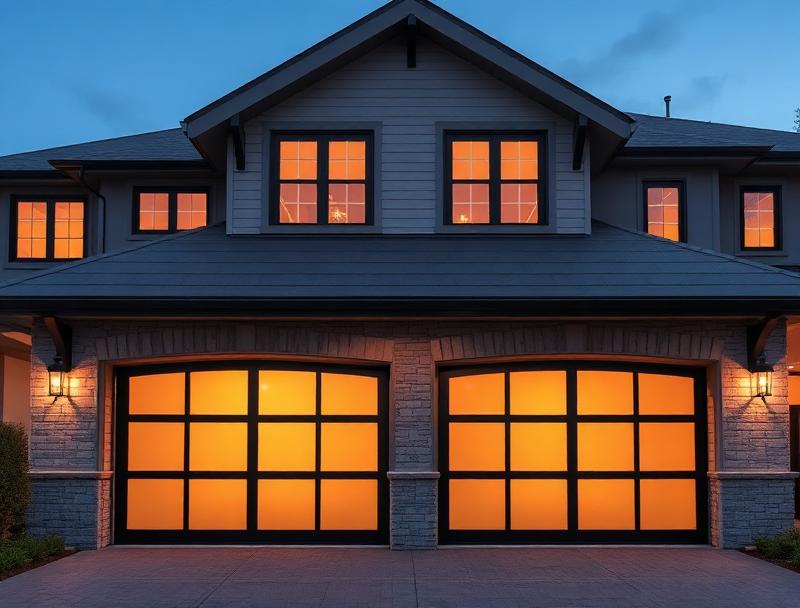 Luxury double garage doors with warm interior lighting