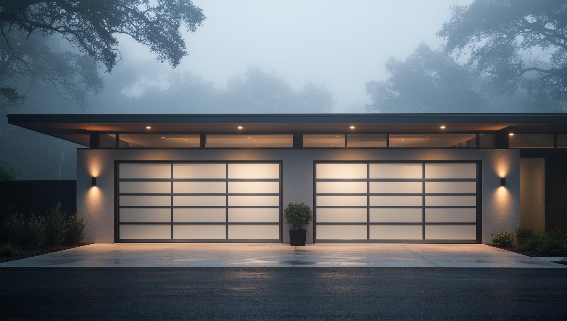 Modern steel garage door with frosted glass panels on mid-century home